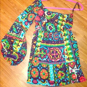 JUDITH MARCH ELVIS PRINT ONE SHOULDER DRESS